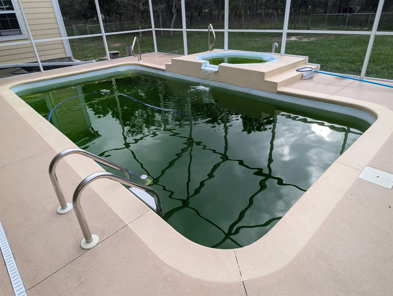 Algae-green spa pool before SunPro green-to-clean restoration